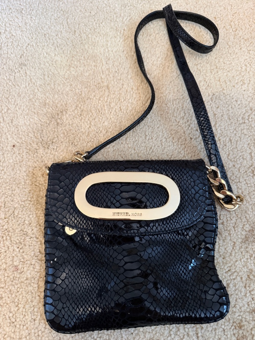 Michael Kors Black Patent Snake-Embossed Crossbody with Gold Oval Accent